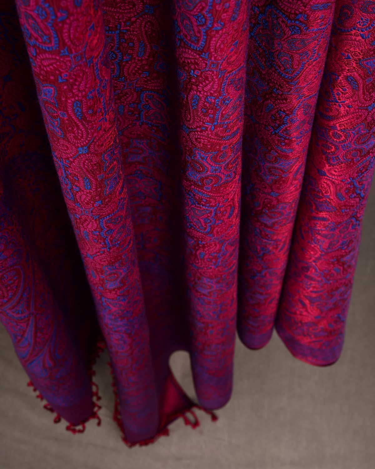 Blue On Maroon Tehra Traditional Jamawar Handwoven Silk Wool Unisex Dress Shawl-HolyWeaves