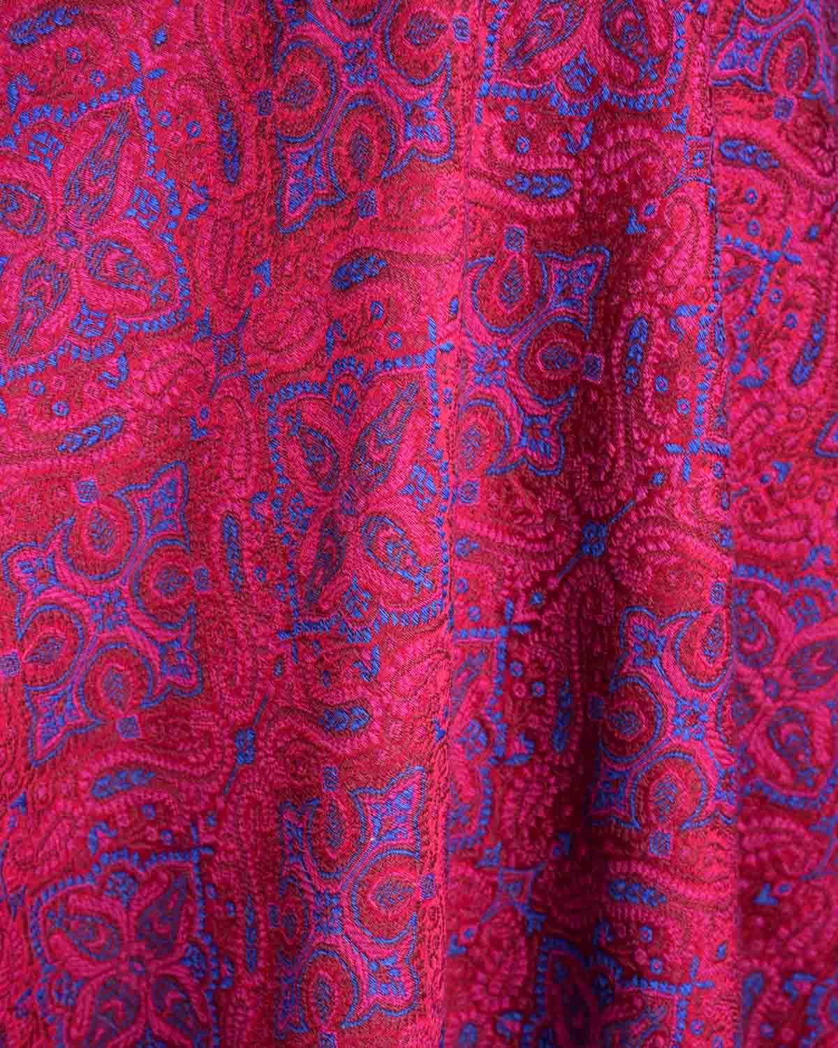 Blue On Maroon Tehra Traditional Jamawar Handwoven Silk Wool Unisex Dress Shawl-HolyWeaves
