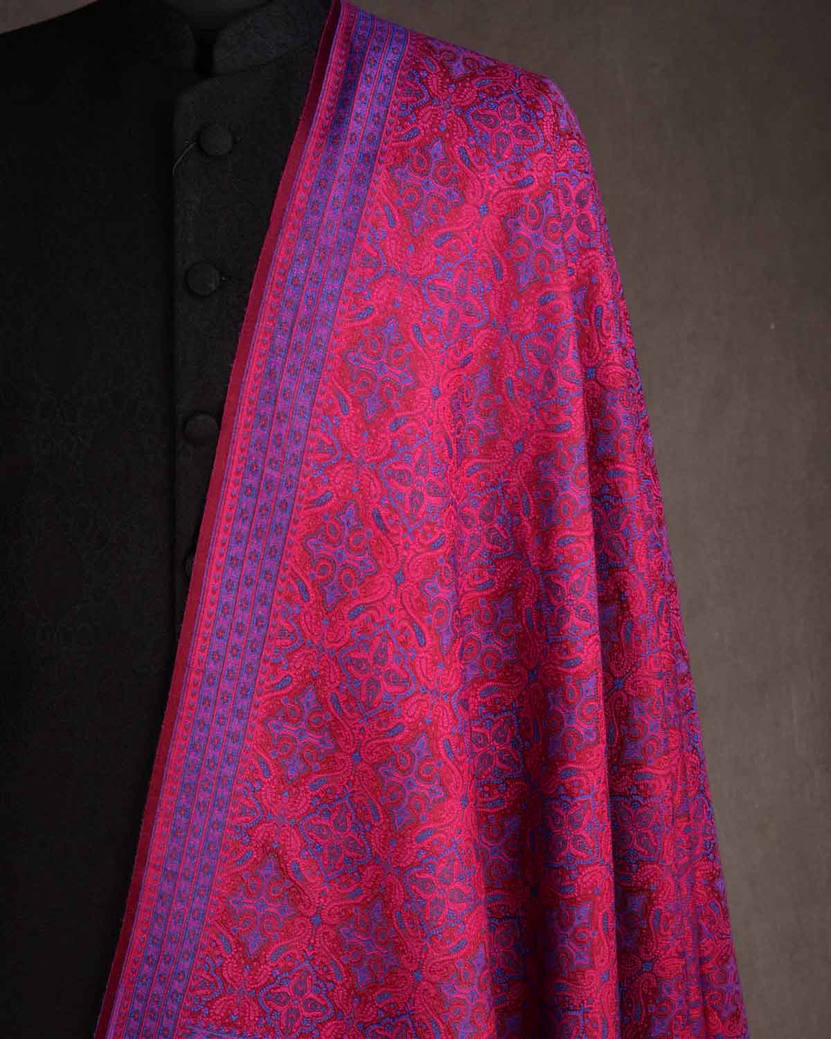 Blue On Maroon Tehra Traditional Jamawar Handwoven Silk Wool Unisex Dress Shawl-HolyWeaves