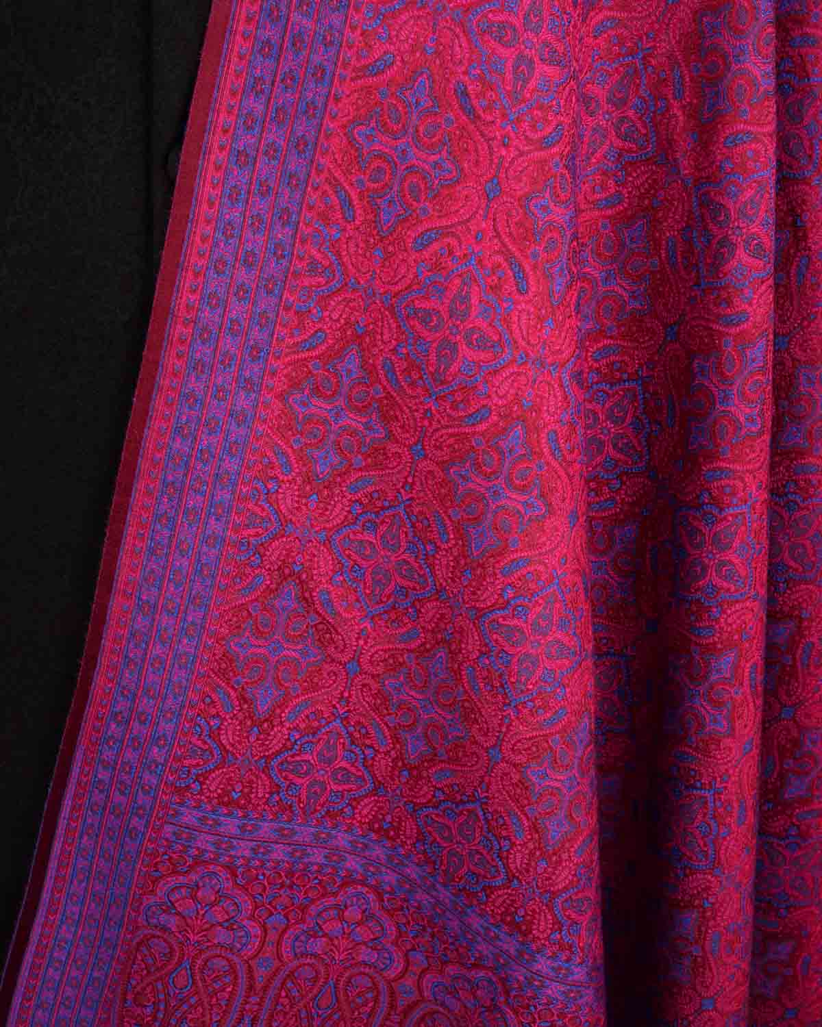 Blue On Maroon Tehra Traditional Jamawar Handwoven Silk Wool Unisex Dress Shawl-HolyWeaves