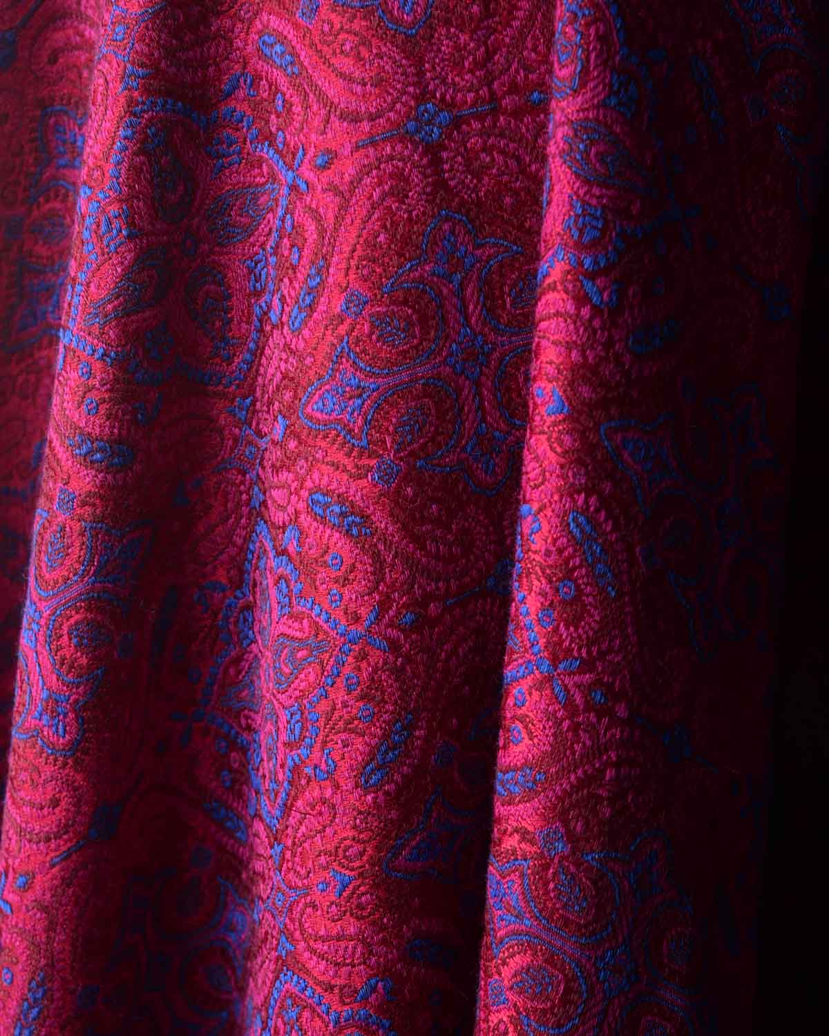 Blue On Maroon Tehra Traditional Jamawar Handwoven Silk Wool Unisex Dress Shawl-HolyWeaves