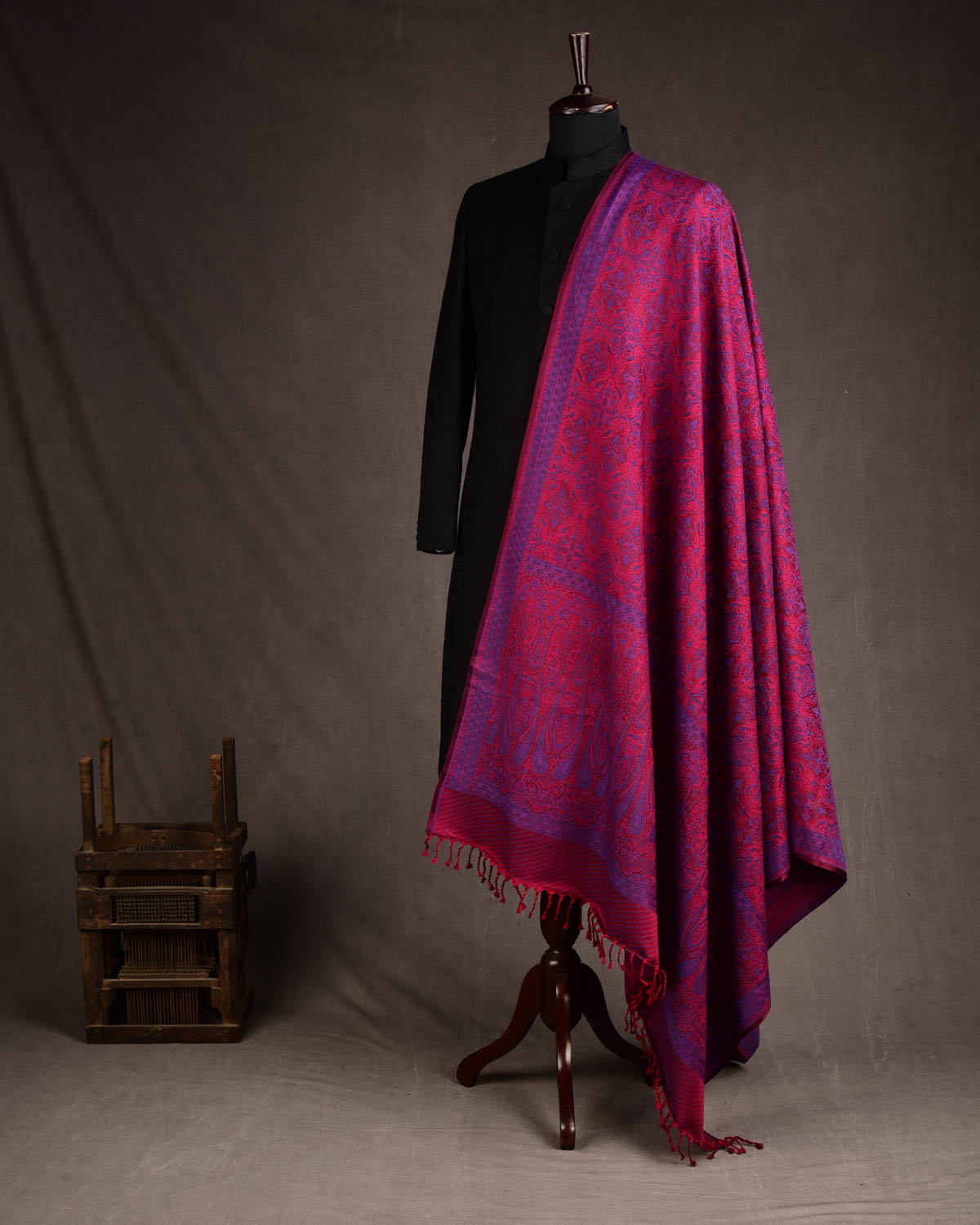 Blue On Maroon Tehra Traditional Jamawar Handwoven Silk Wool Unisex Dress Shawl-HolyWeaves