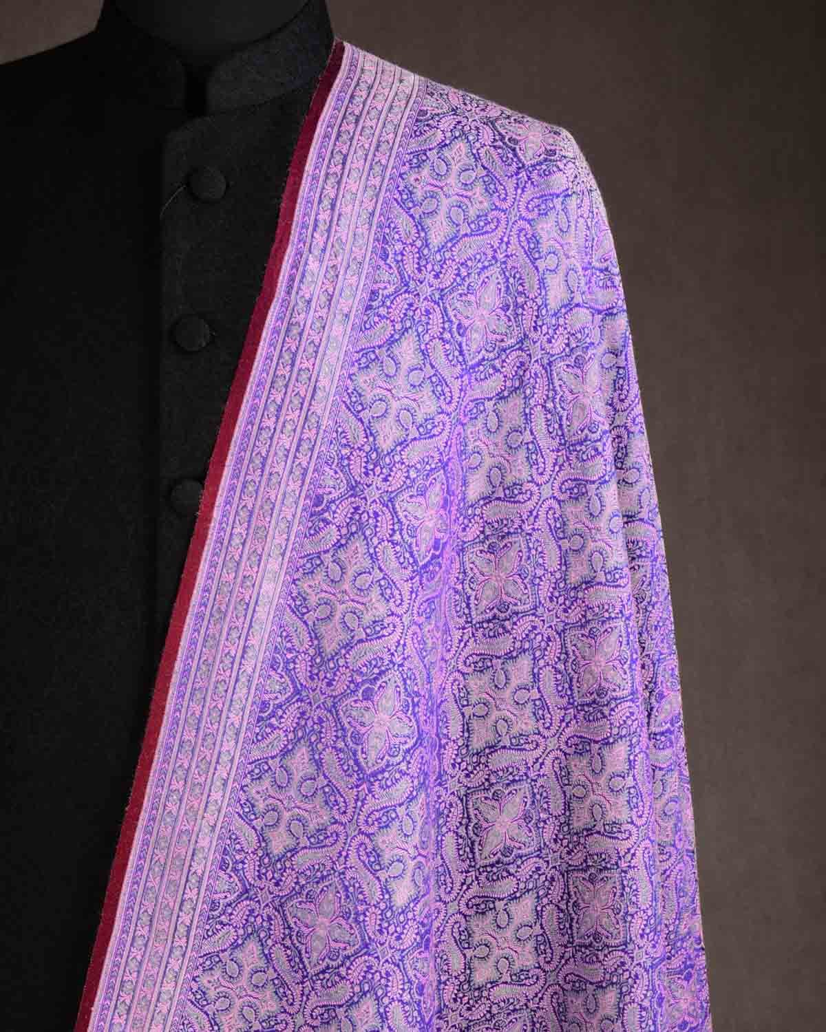 Pink On Mauve Tehra Traditional Jamawar Handwoven Silk Wool Unisex Dress Shawl with Silver Zari-HolyWeaves