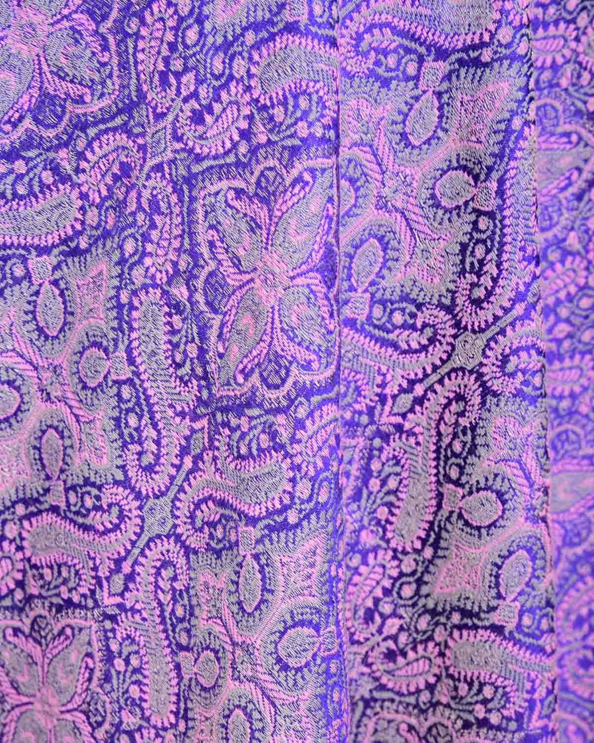 Pink On Mauve Tehra Traditional Jamawar Handwoven Silk Wool Unisex Dress Shawl with Silver Zari-HolyWeaves