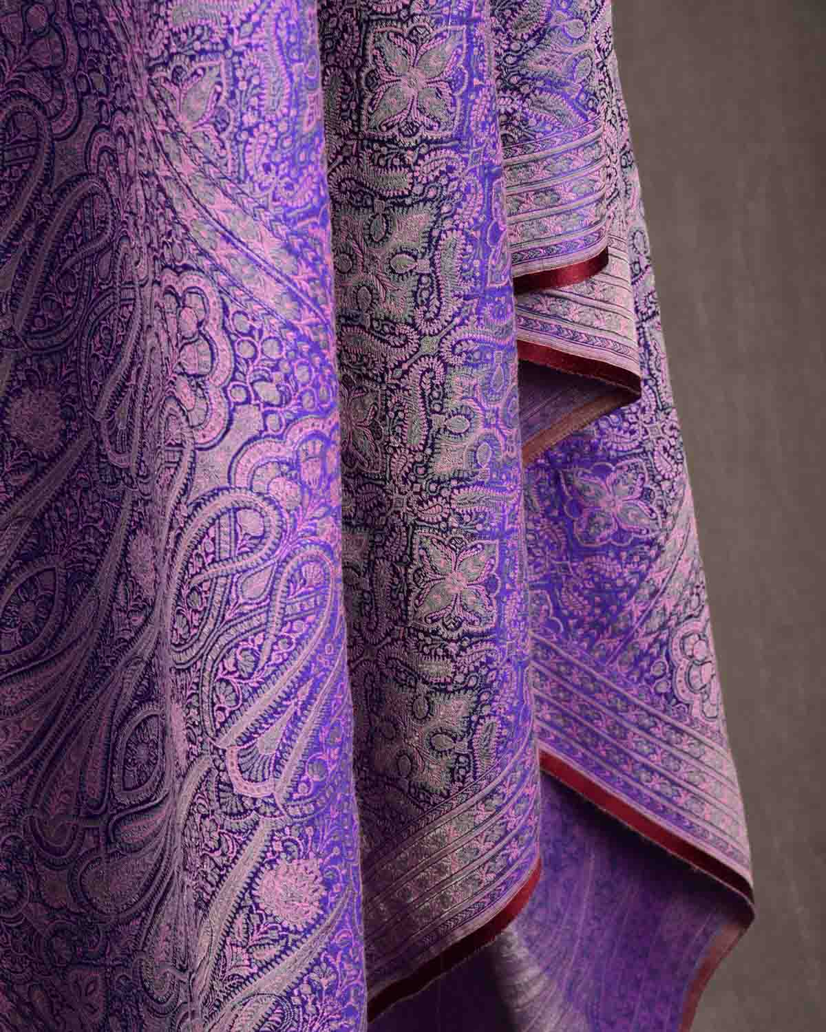 Pink On Mauve Tehra Traditional Jamawar Handwoven Silk Wool Unisex Dress Shawl with Silver Zari-HolyWeaves