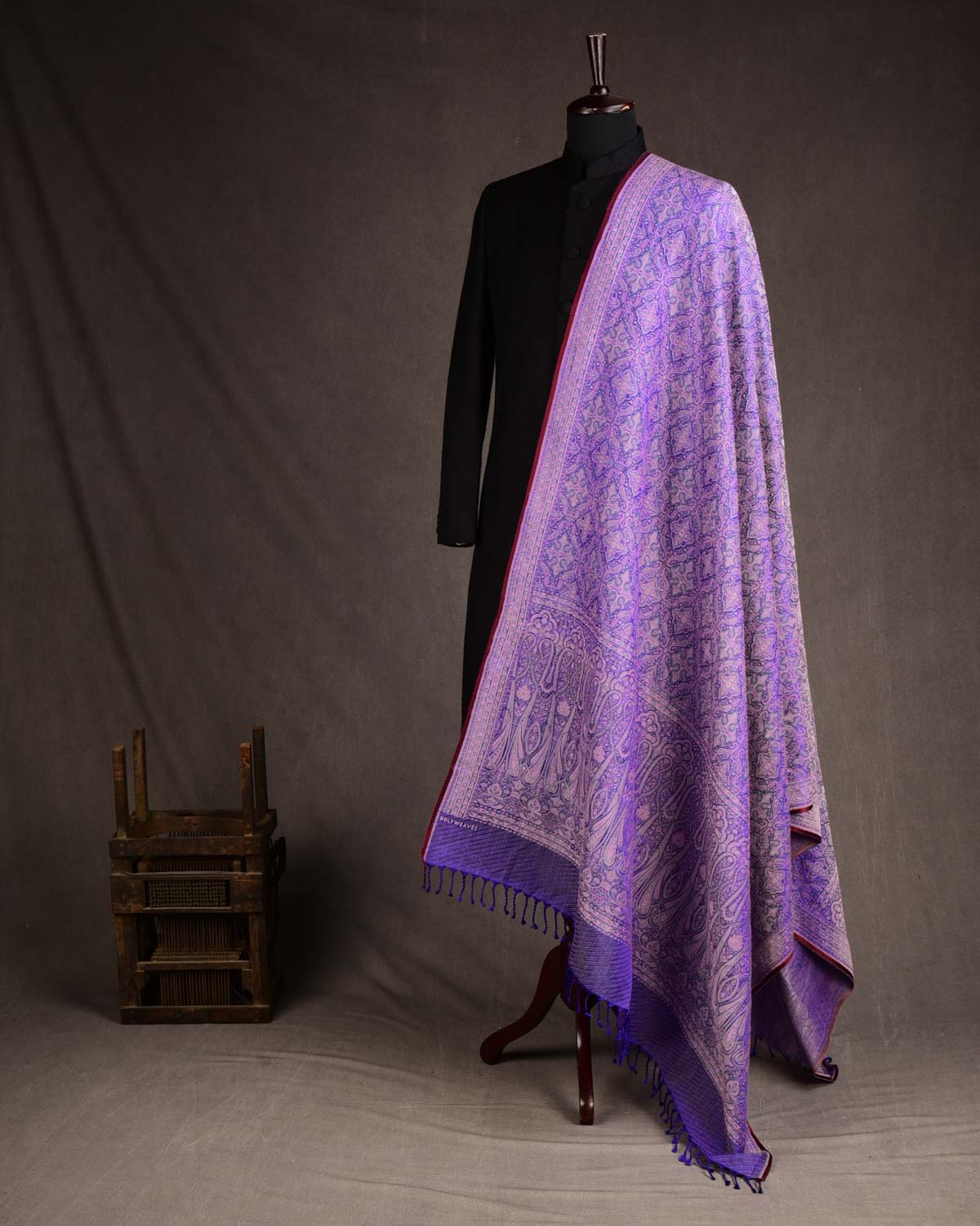 Pink On Mauve Tehra Traditional Jamawar Handwoven Silk Wool Unisex Dress Shawl with Silver Zari-HolyWeaves