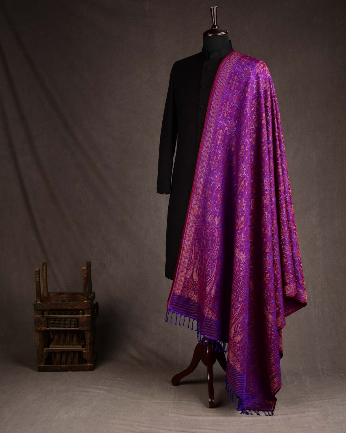 Maroon On Purple Tehra Traditional Jamawar Handwoven Silk Wool Unisex Dress Shawl with Gold Zari-HolyWeaves