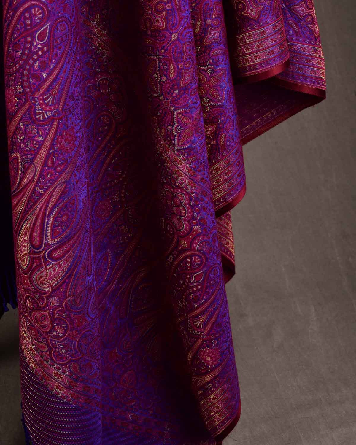 Maroon On Purple Tehra Traditional Jamawar Handwoven Silk Wool Unisex Dress Shawl with Gold Zari-HolyWeaves