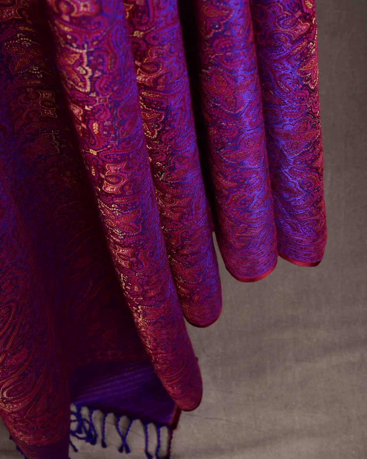 Maroon On Purple Tehra Traditional Jamawar Handwoven Silk Wool Unisex Dress Shawl with Gold Zari-HolyWeaves