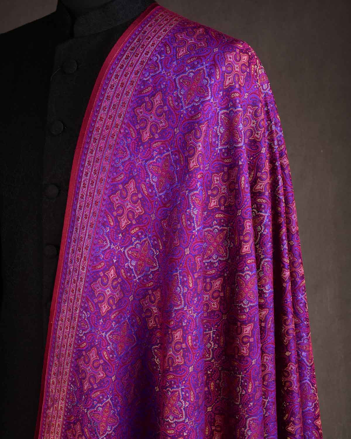 Maroon On Purple Tehra Traditional Jamawar Handwoven Silk Wool Unisex Dress Shawl with Gold Zari-HolyWeaves