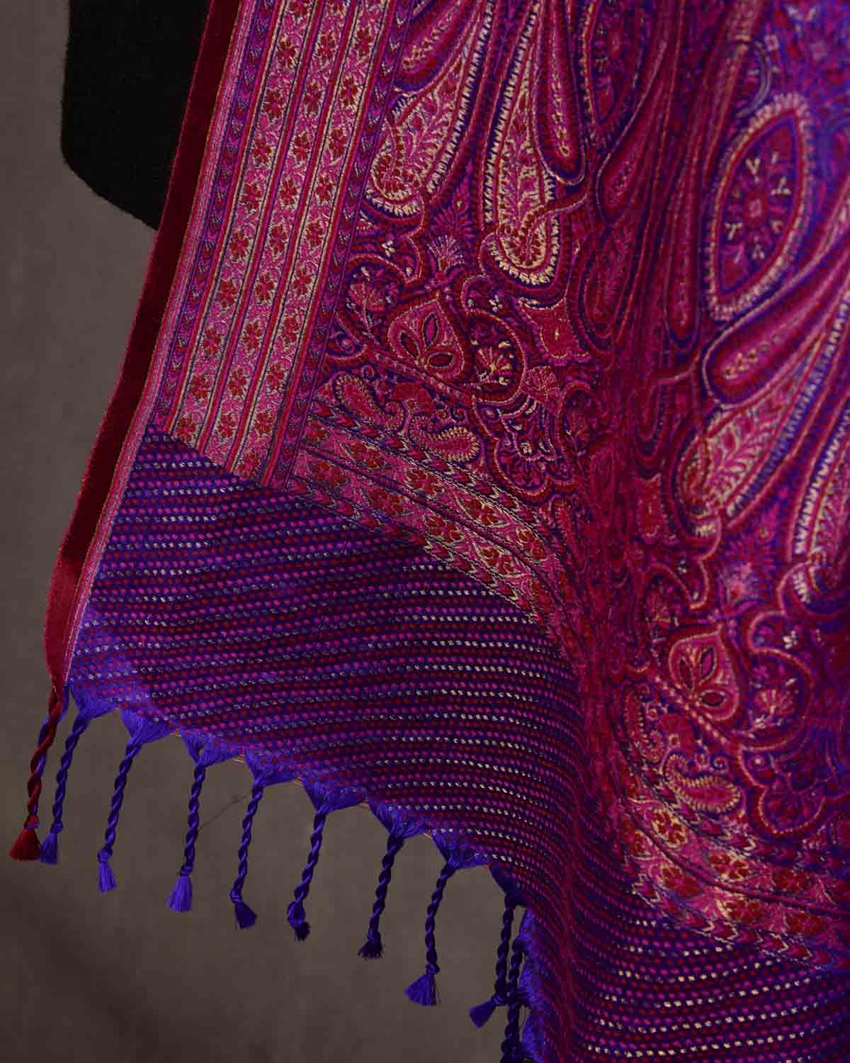 Maroon On Purple Tehra Traditional Jamawar Handwoven Silk Wool Unisex Dress Shawl with Gold Zari-HolyWeaves