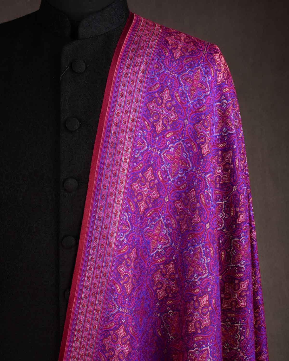Maroon On Purple Tehra Traditional Jamawar Handwoven Silk Wool Unisex Dress Shawl with Gold Zari-HolyWeaves