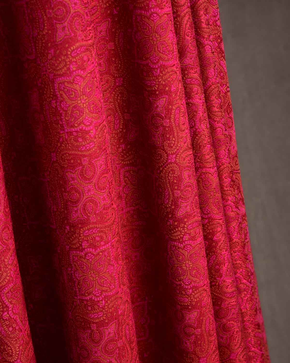 Pink on Maroon Tehra Traditional Jamawar Handwoven Silk Wool Unisex Dress Shawl-HolyWeaves