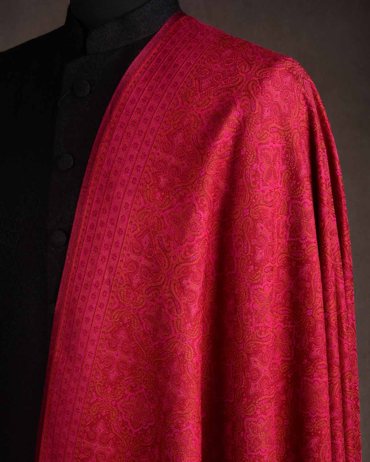 Pink on Maroon Tehra Traditional Jamawar Handwoven Silk Wool Unisex Dress Shawl-HolyWeaves