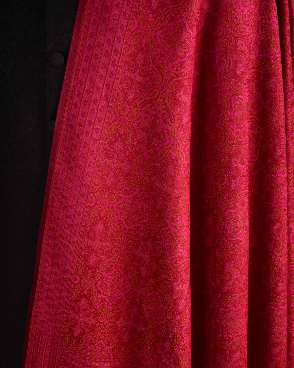 Pink on Maroon Tehra Traditional Jamawar Handwoven Silk Wool Unisex Dress Shawl-HolyWeaves