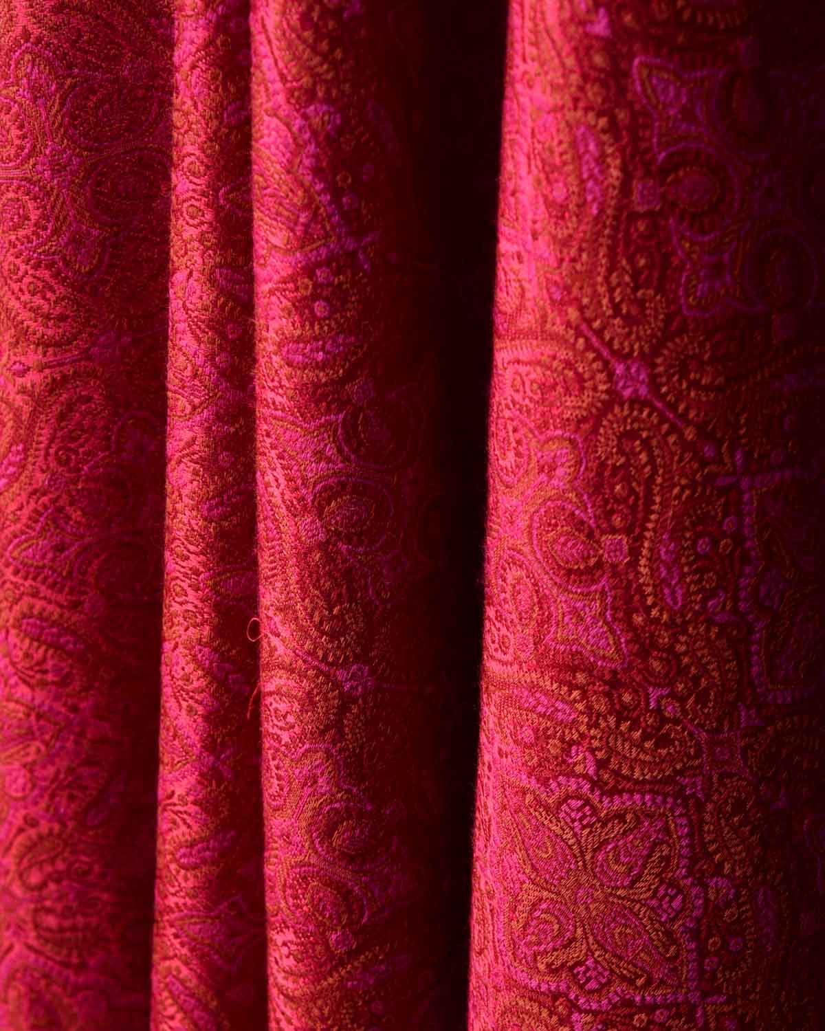 Pink on Maroon Tehra Traditional Jamawar Handwoven Silk Wool Unisex Dress Shawl-HolyWeaves