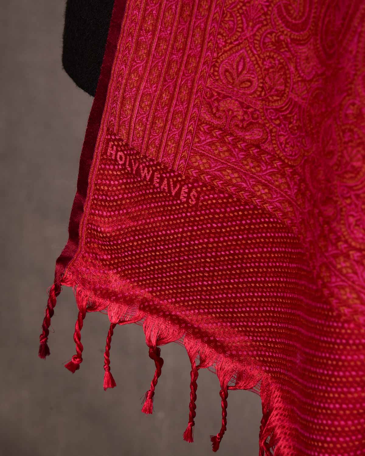 Pink on Maroon Tehra Traditional Jamawar Handwoven Silk Wool Unisex Dress Shawl-HolyWeaves