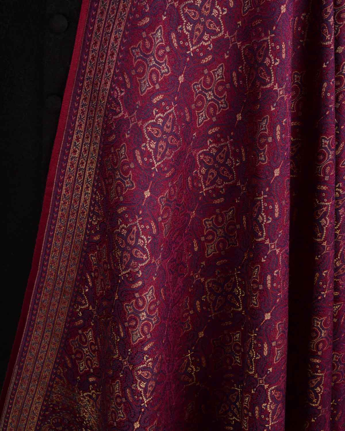 Maroon Tehra Traditional Jamawar Handwoven Silk Wool Unisex Dress Shawl with Gold Zari-HolyWeaves
