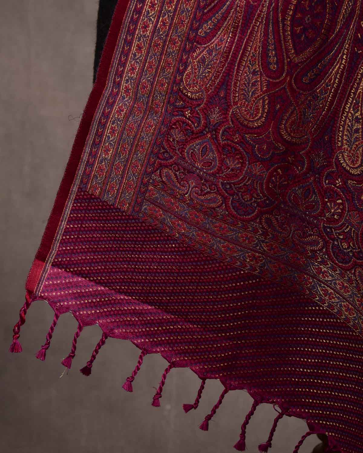 Maroon Tehra Traditional Jamawar Handwoven Silk Wool Unisex Dress Shawl with Gold Zari-HolyWeaves