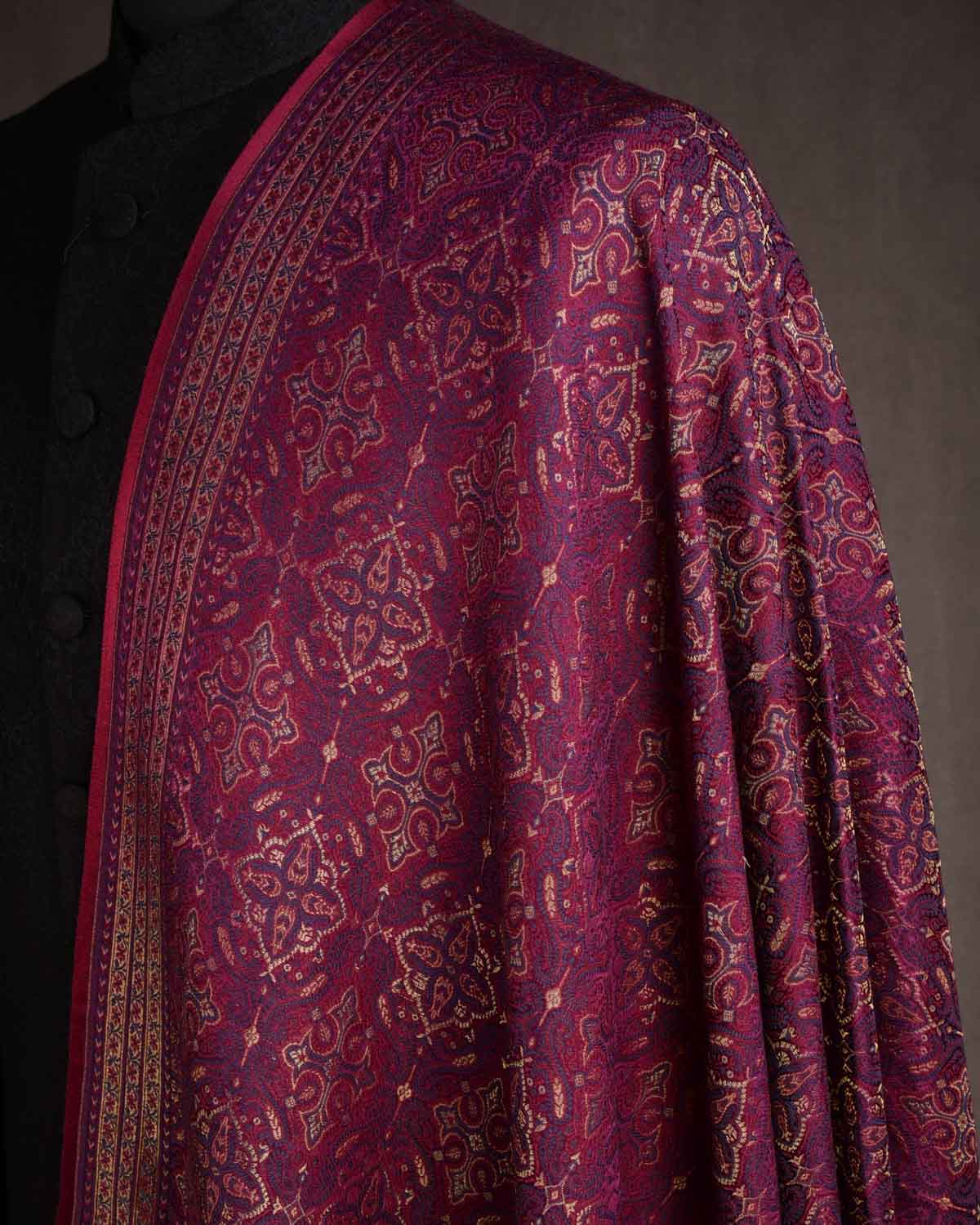 Maroon Tehra Traditional Jamawar Handwoven Silk Wool Unisex Dress Shawl with Gold Zari-HolyWeaves
