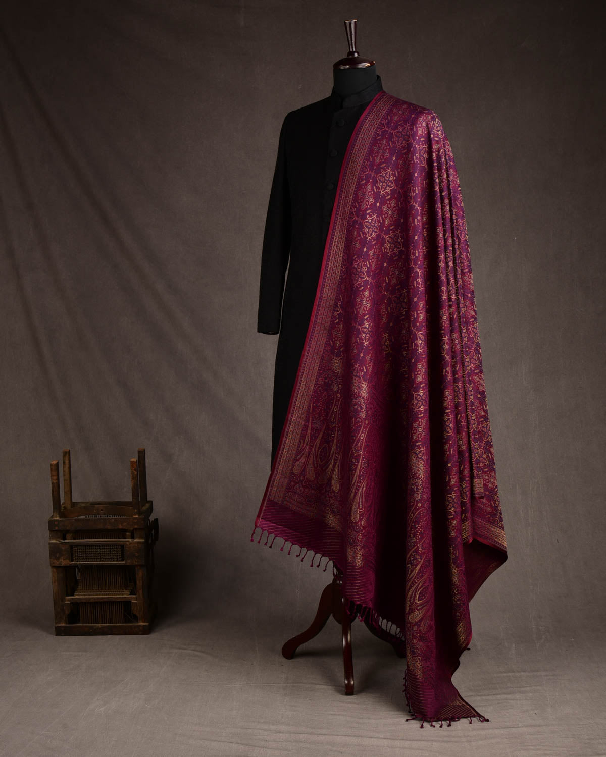 Maroon Tehra Traditional Jamawar Handwoven Silk Wool Unisex Dress Shawl with Gold Zari-HolyWeaves