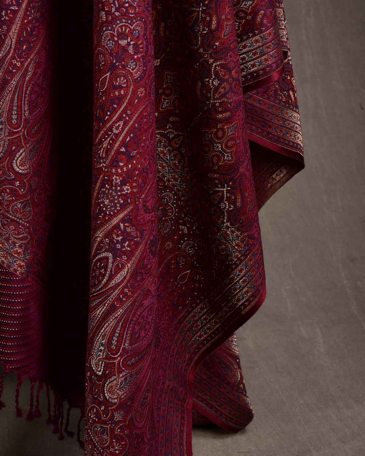 Maroon Tehra Traditional Jamawar Handwoven Silk Wool Unisex Dress Shawl with Silver Zari-HolyWeaves