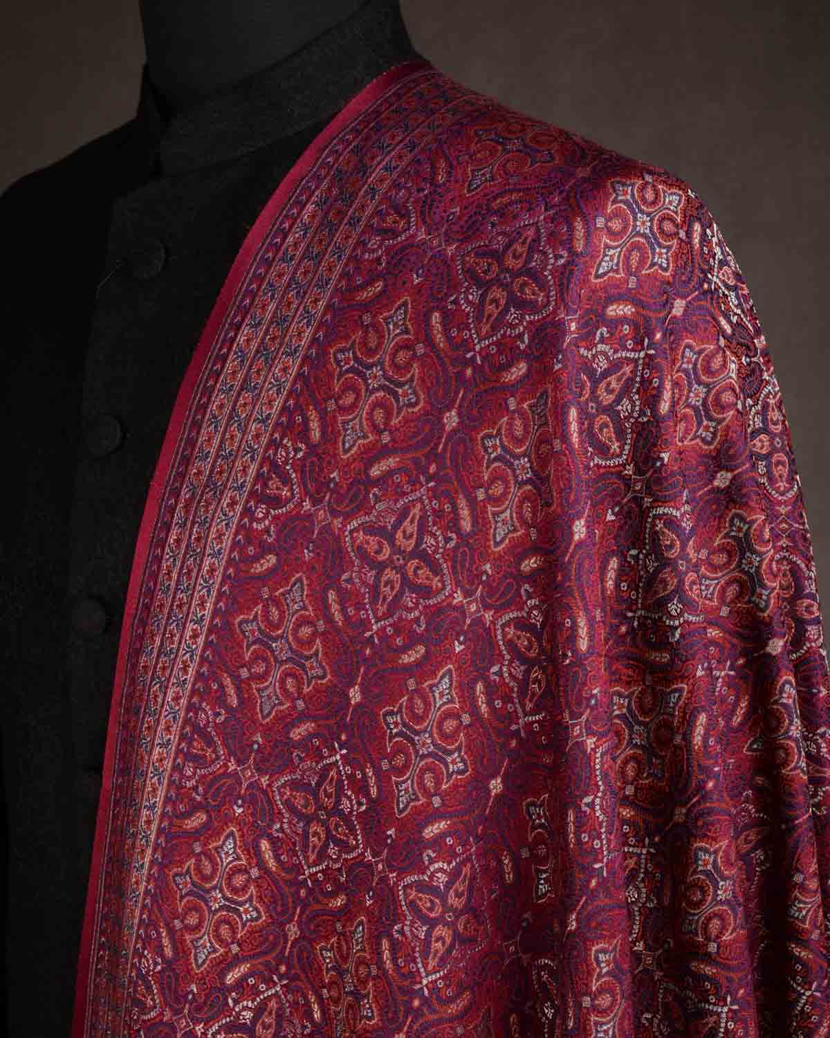 Maroon Tehra Traditional Jamawar Handwoven Silk Wool Unisex Dress Shawl with Silver Zari-HolyWeaves