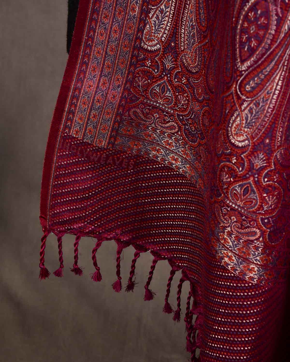Maroon Tehra Traditional Jamawar Handwoven Silk Wool Unisex Dress Shawl with Silver Zari-HolyWeaves
