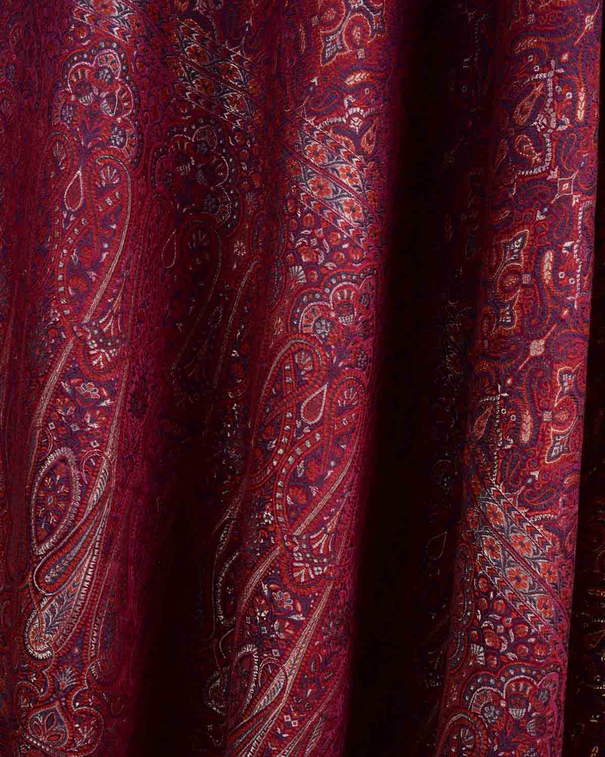 Maroon Tehra Traditional Jamawar Handwoven Silk Wool Unisex Dress Shawl with Silver Zari-HolyWeaves