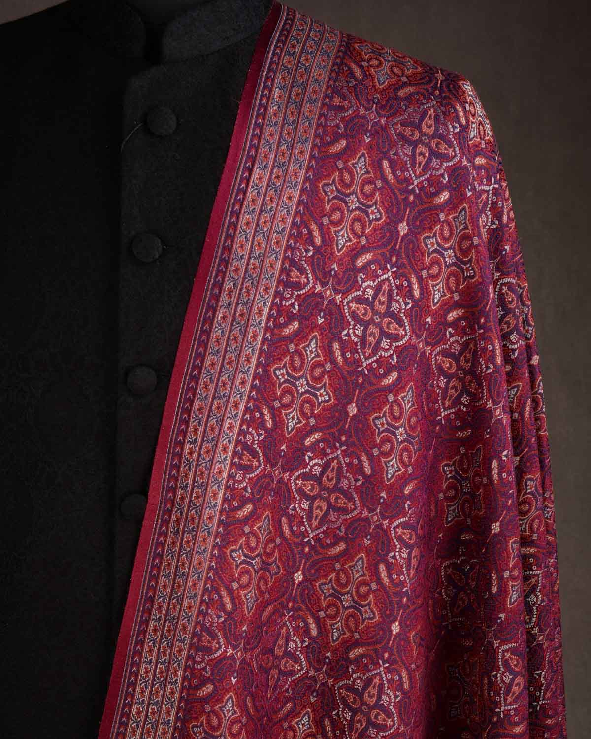 Maroon Tehra Traditional Jamawar Handwoven Silk Wool Unisex Dress Shawl with Silver Zari-HolyWeaves
