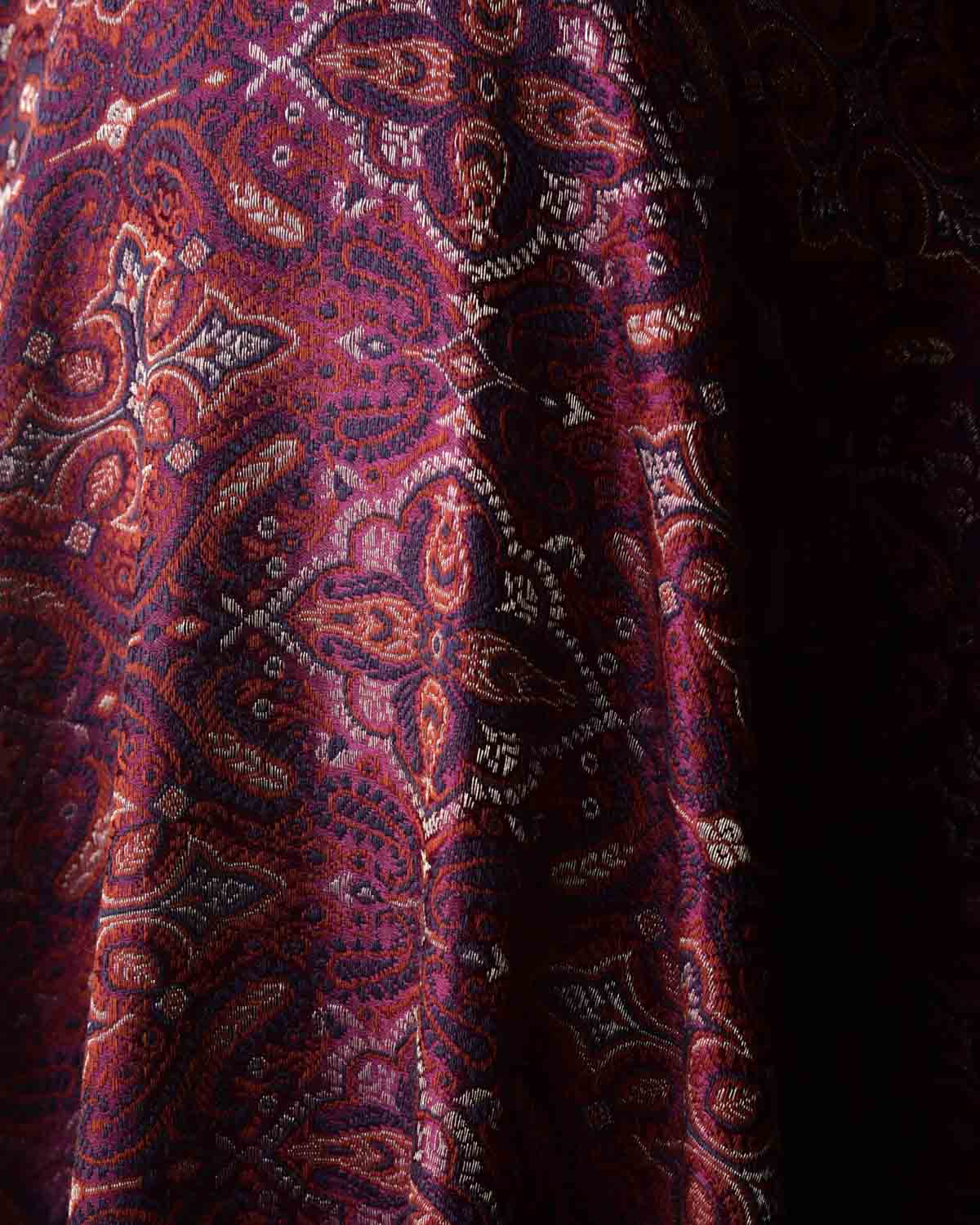 Maroon Tehra Traditional Jamawar Handwoven Silk Wool Unisex Dress Shawl with Silver Zari-HolyWeaves