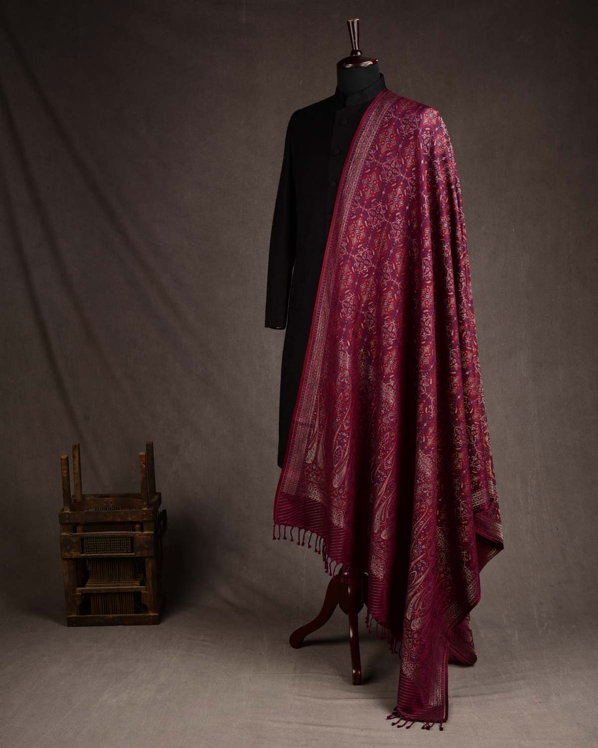 Maroon Tehra Traditional Jamawar Handwoven Silk Wool Unisex Dress Shawl with Silver Zari-HolyWeaves