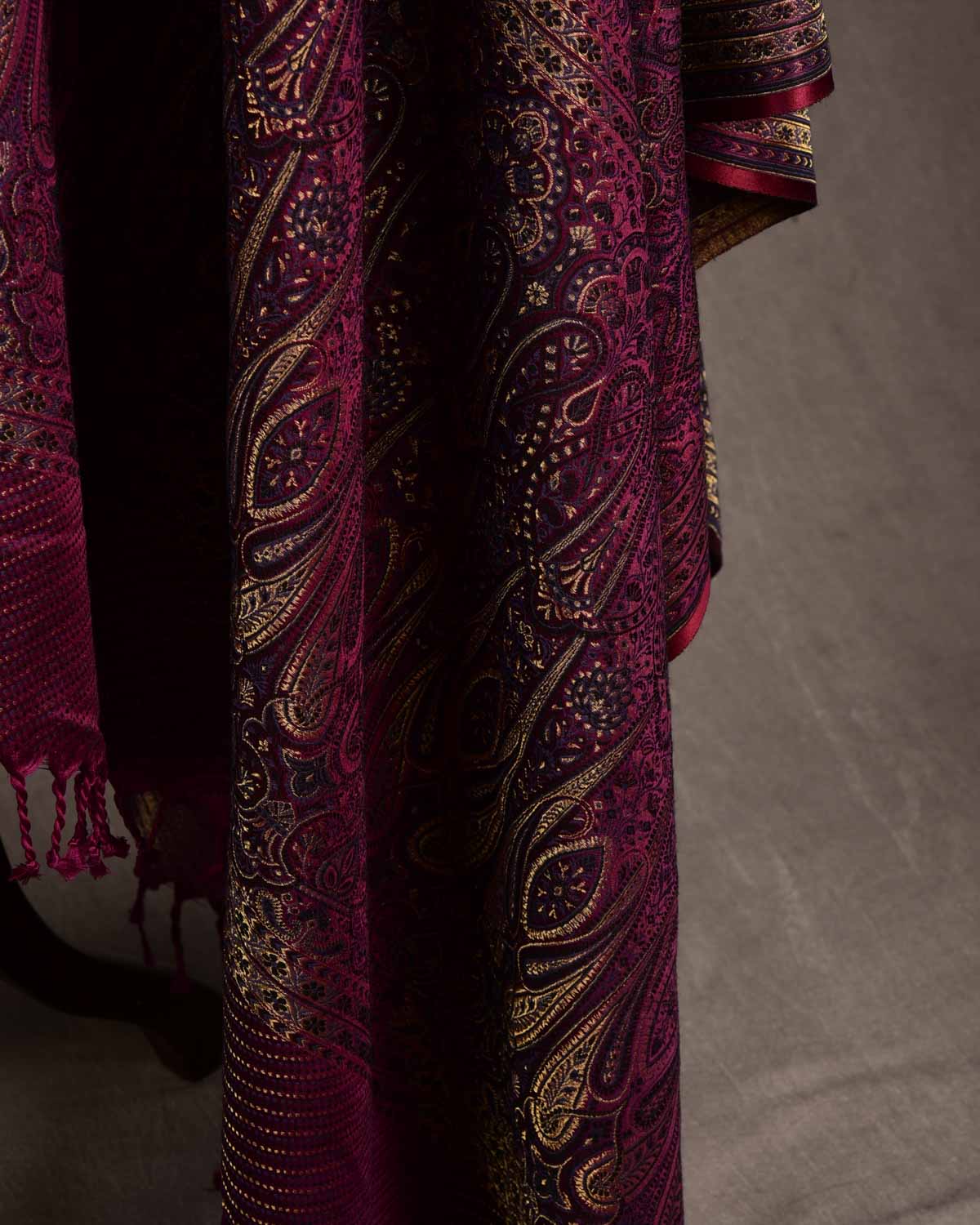 Mahogany Tehra Traditional Jamawar Handwoven Silk Wool Unisex Dress Shawl with Gold Zari-HolyWeaves
