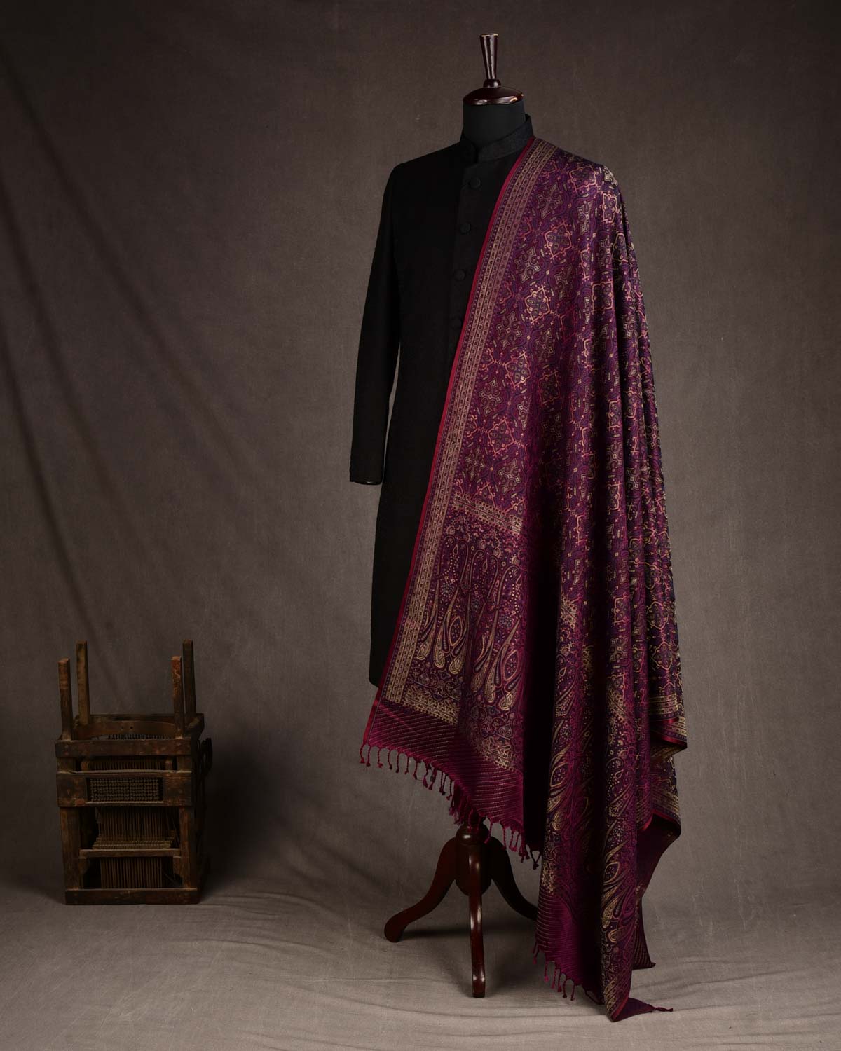 Mahogany Tehra Traditional Jamawar Handwoven Silk Wool Unisex Dress Shawl with Gold Zari-HolyWeaves