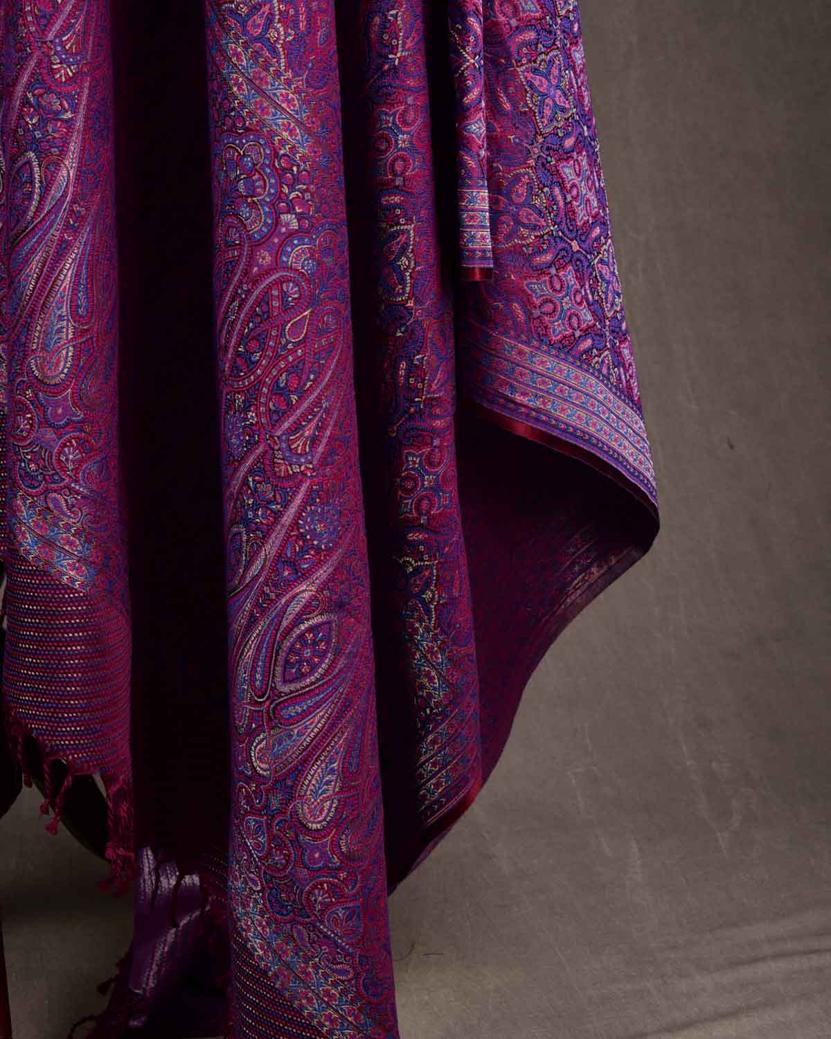 Purple Tehra Traditional Jamawar Handwoven Silk Wool Unisex Dress Shawl with Silver Zari-HolyWeaves