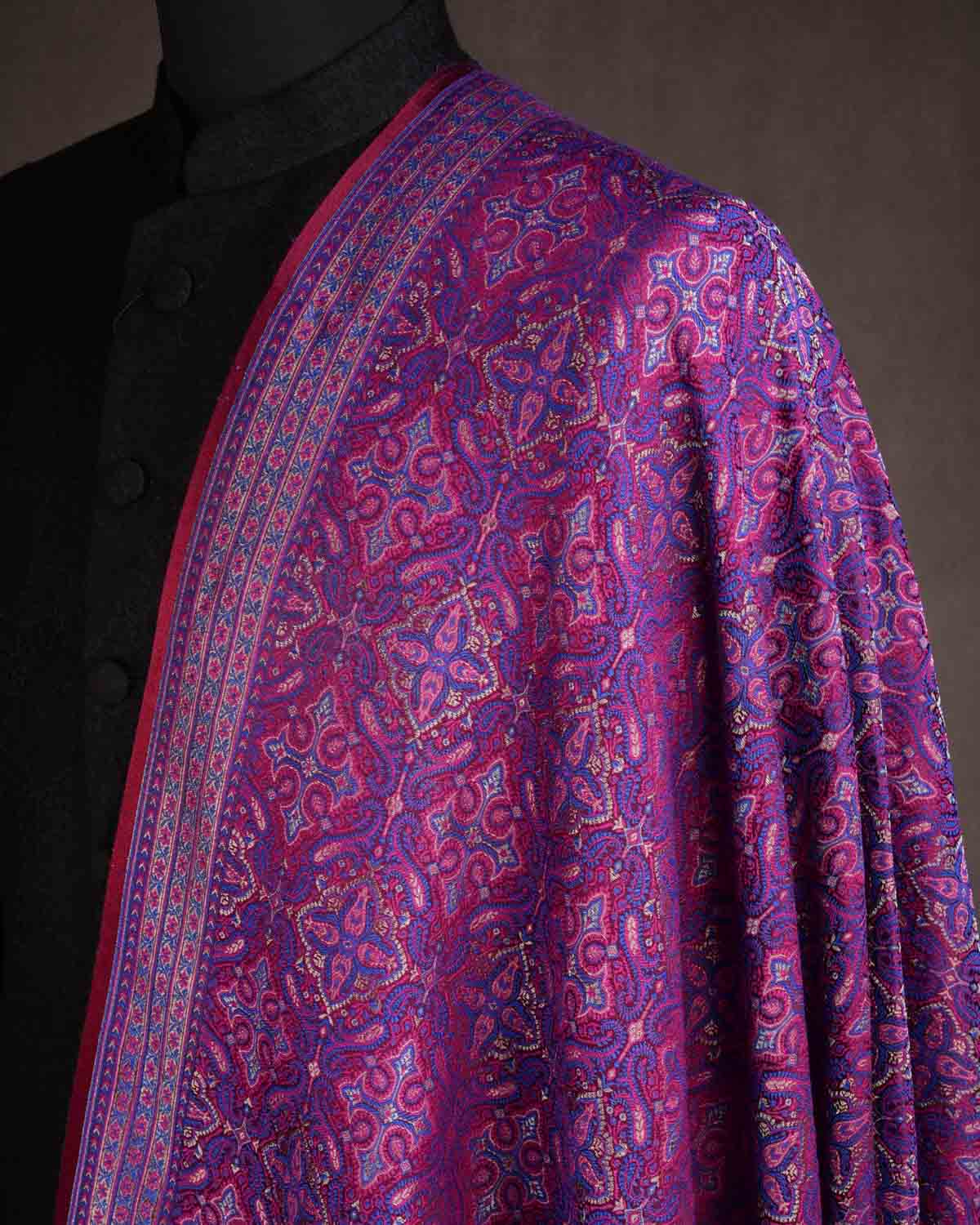 Purple Tehra Traditional Jamawar Handwoven Silk Wool Unisex Dress Shawl with Silver Zari-HolyWeaves