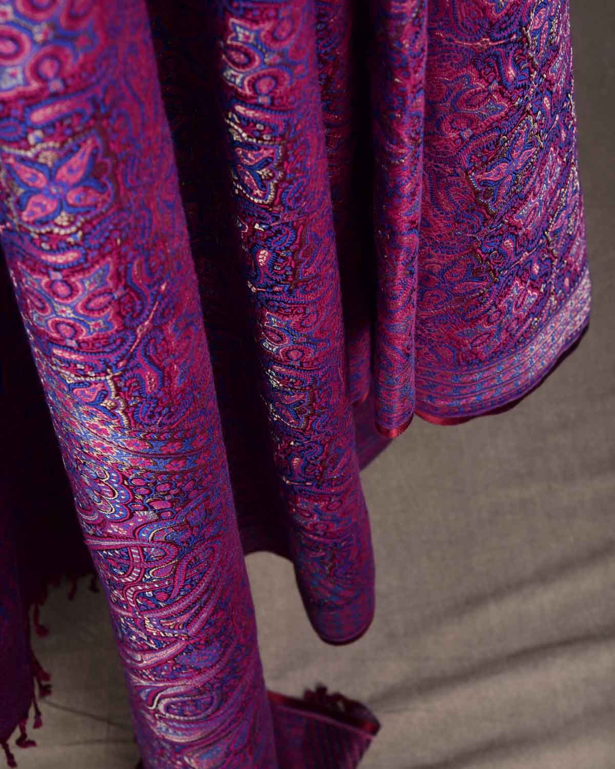 Purple Tehra Traditional Jamawar Handwoven Silk Wool Unisex Dress Shawl with Silver Zari-HolyWeaves
