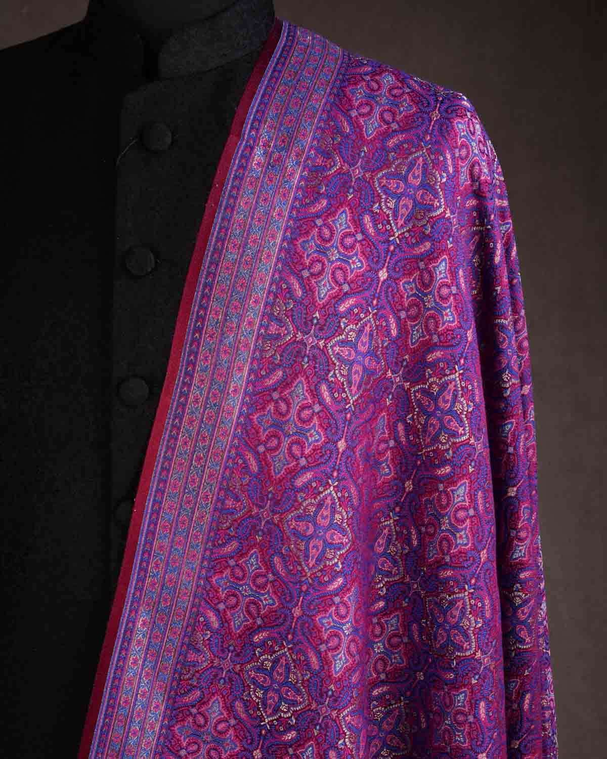 Purple Tehra Traditional Jamawar Handwoven Silk Wool Unisex Dress Shawl with Silver Zari-HolyWeaves