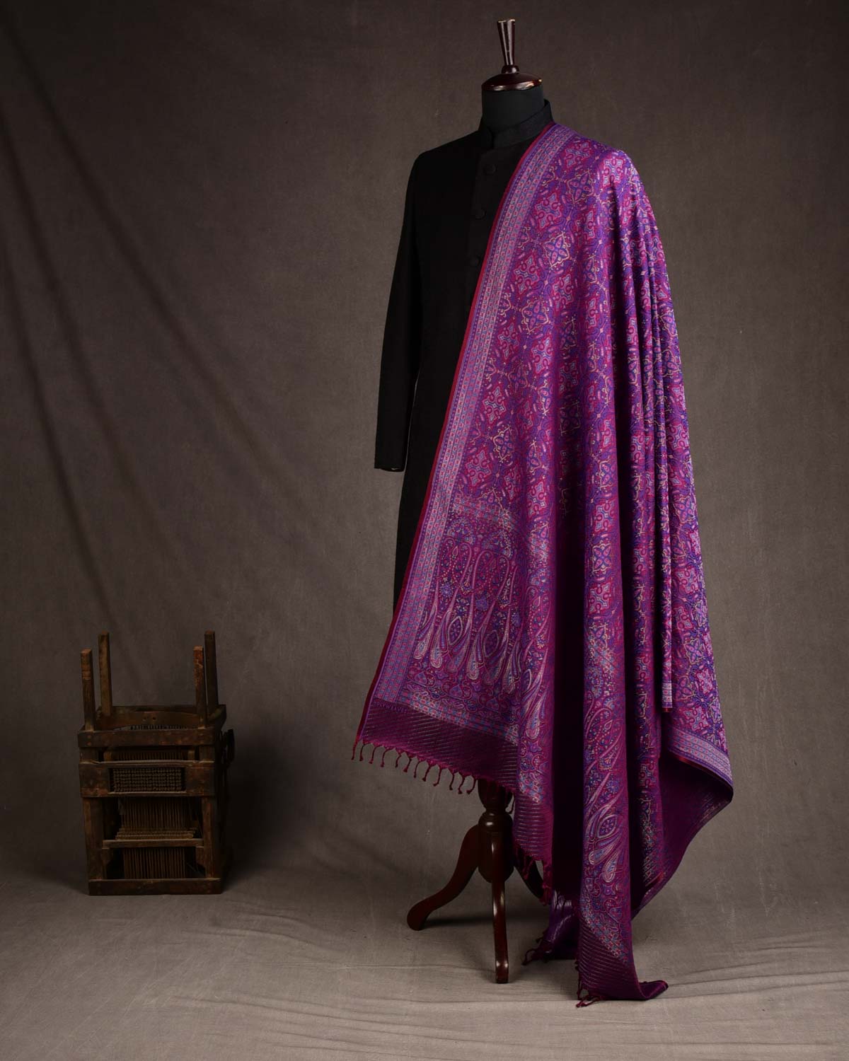 Purple Tehra Traditional Jamawar Handwoven Silk Wool Unisex Dress Shawl with Silver Zari-HolyWeaves