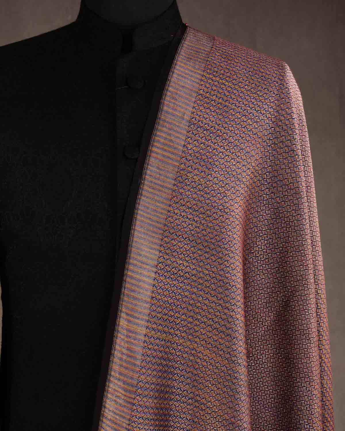 Multi-color Gold Zari Diamond Grids Brocade Handwoven Silk Wool Unisex Dress Shawl-HolyWeaves