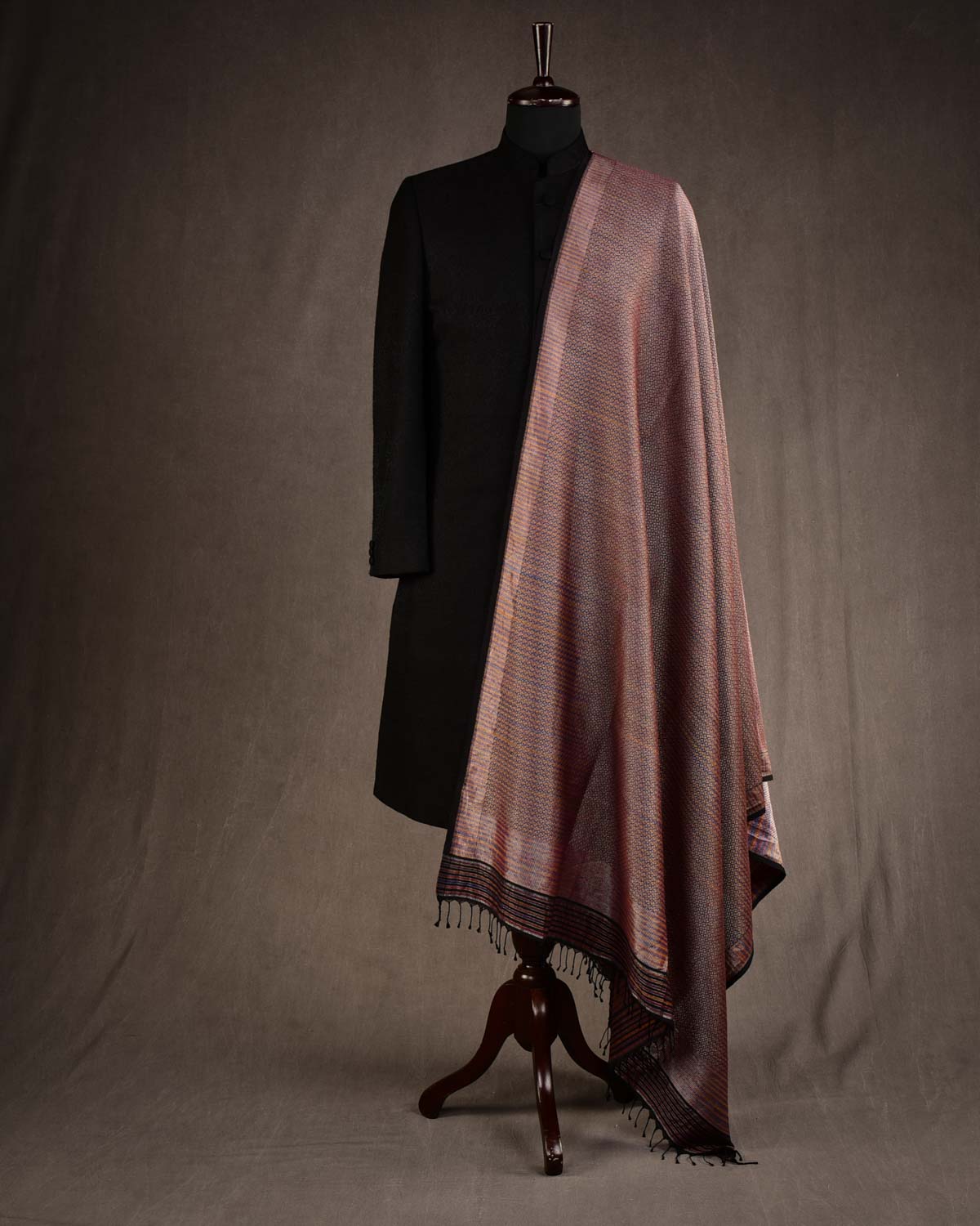 Multi-Color Gold Zari Diamond Grids Brocade Handwoven Silk Wool Unisex Dress Shawl