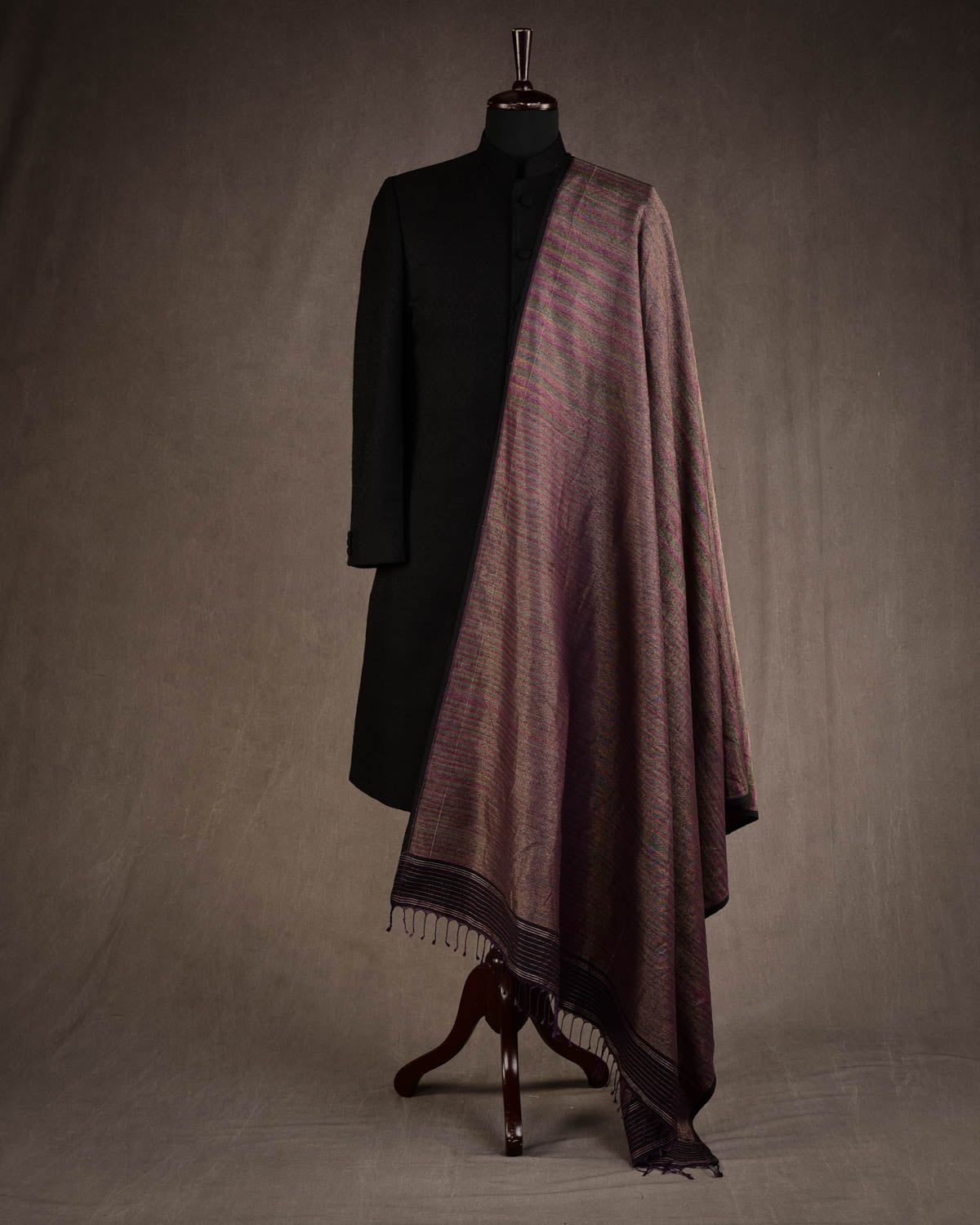 Purple Multi-color Gold Zari Ektara Waterfall Brocade Handwoven Silk Wool Unisex Dress Shawl-HolyWeaves