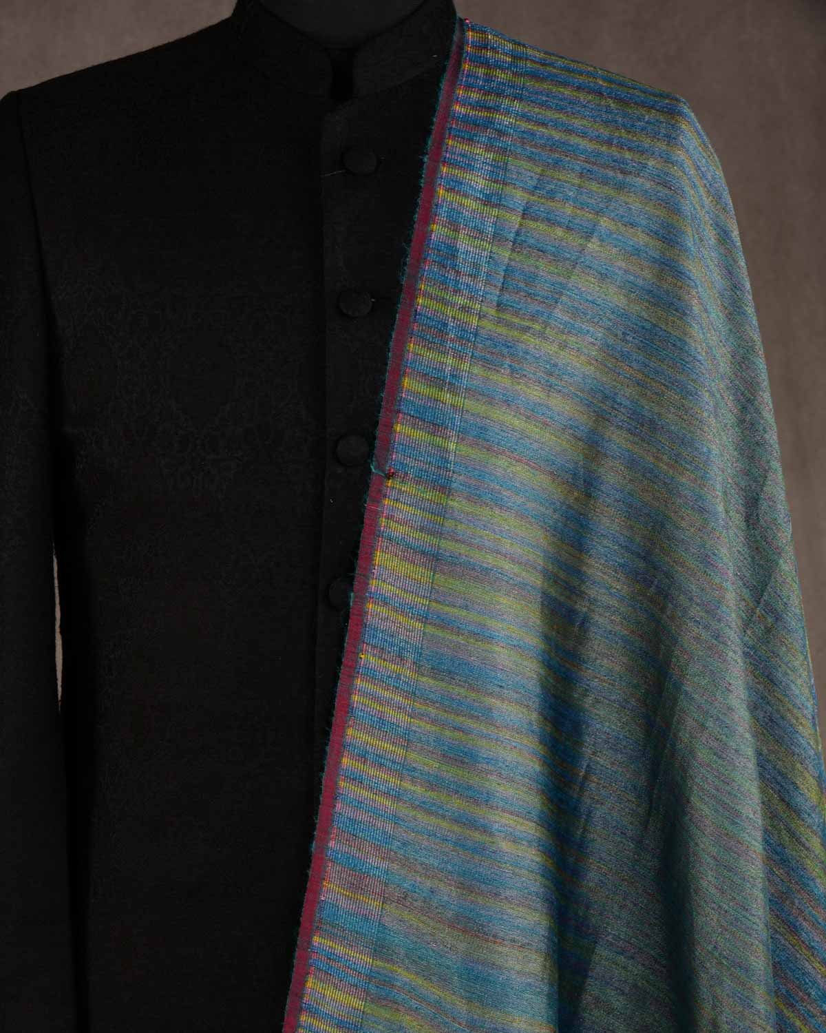 Variegated Metallic Blue Waterfall Brocade Handwoven Silk Wool Unisex Dress Shawl-HolyWeaves