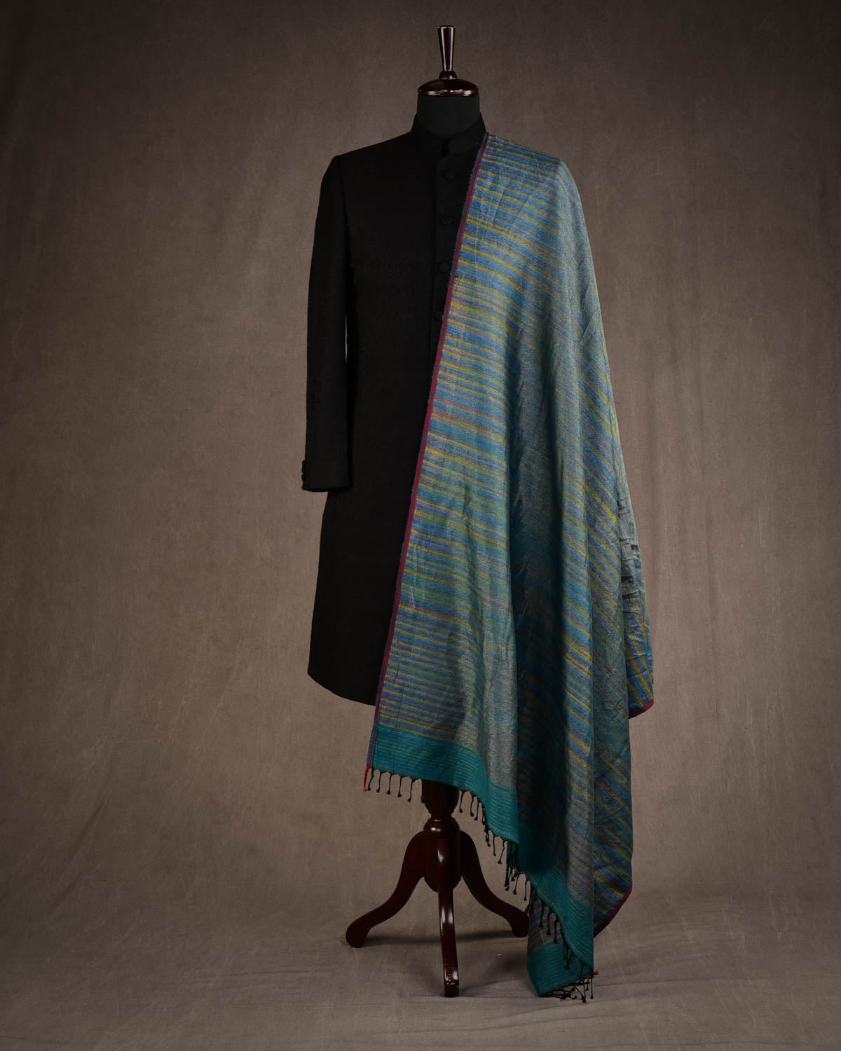 Variegated Metallic Blue Waterfall Brocade Handwoven Silk Wool Unisex Dress Shawl-HolyWeaves