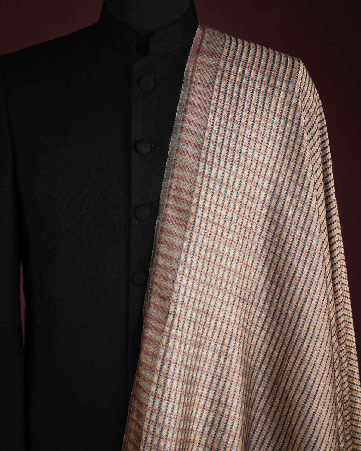 Multi-color Multicolor Zari Arrowhead Brocade Handwoven Silk Wool Unisex Dress Shawl-HolyWeaves