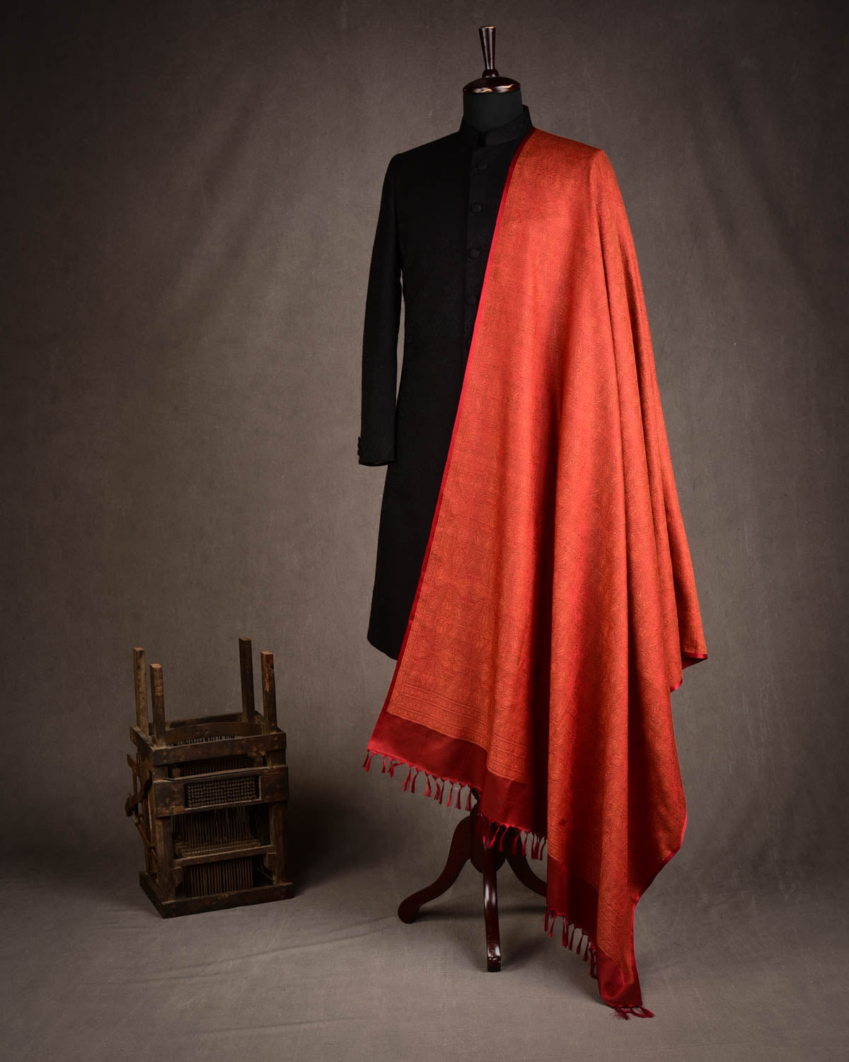 Rust Damask Tanchoi Handwoven Silk Wool Banarasi Shawl-HolyWeaves
