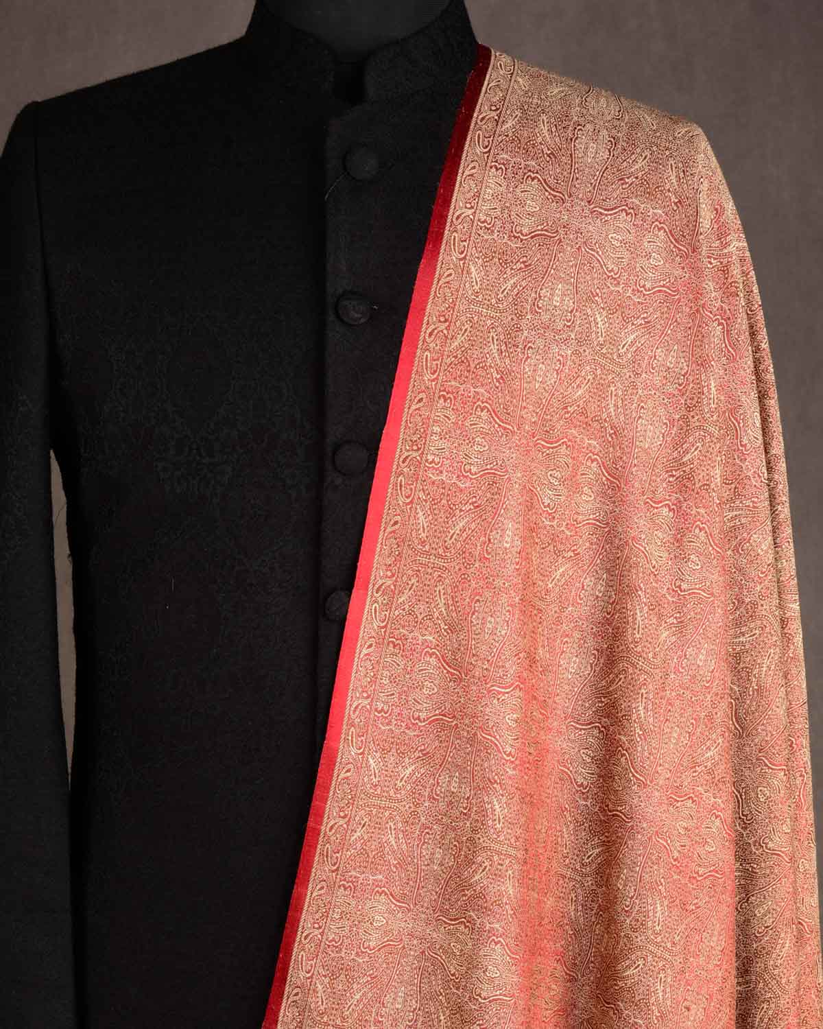 Beige Maroon Damask Tanchoi Handwoven Silk Wool Banarasi Shawl-HolyWeaves