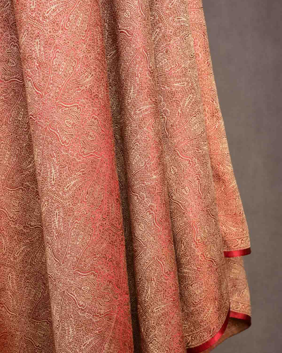 Beige Maroon Damask Tanchoi Handwoven Silk Wool Banarasi Shawl-HolyWeaves