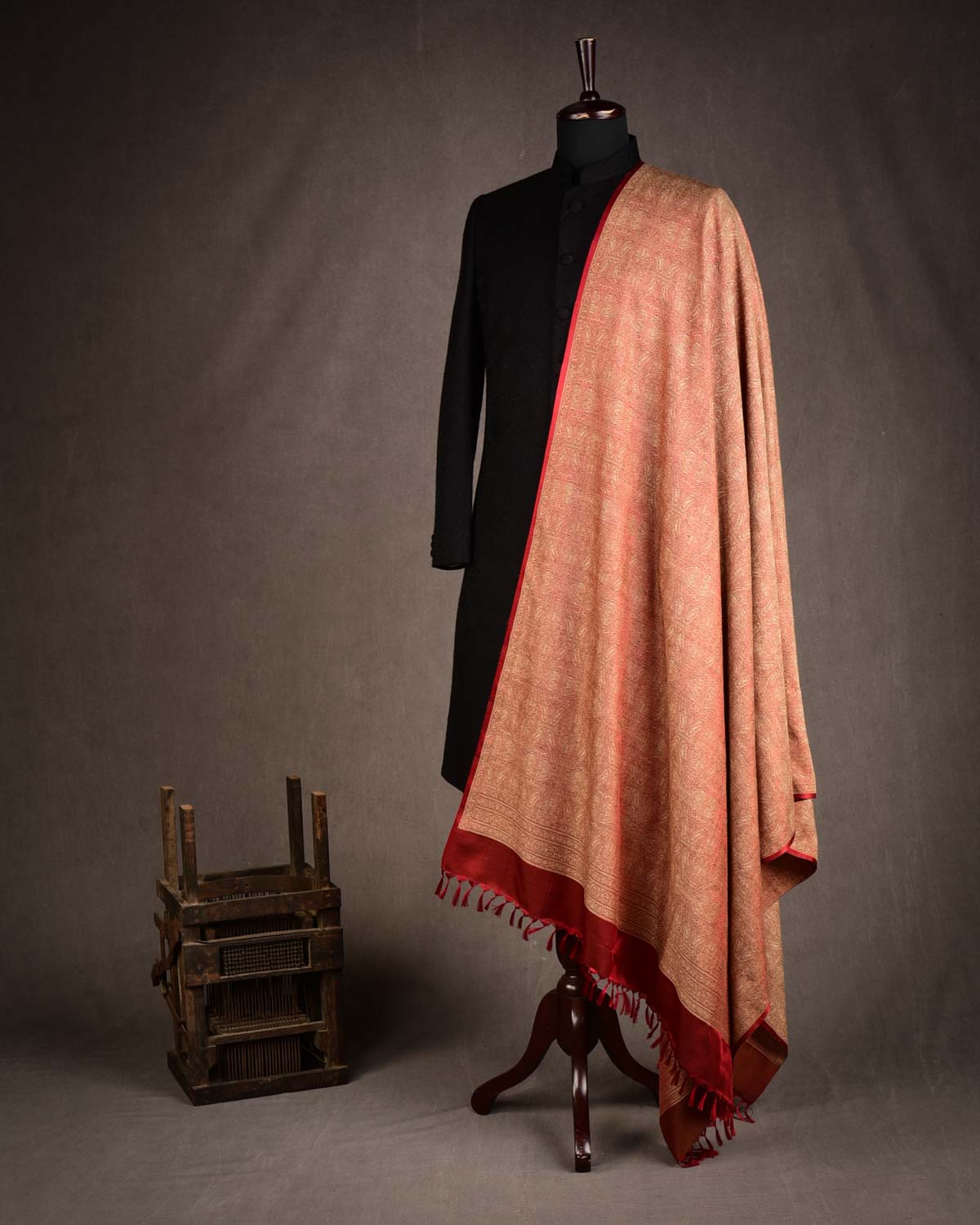 Beige Maroon Damask Tanchoi Handwoven Silk Wool Banarasi Shawl-HolyWeaves