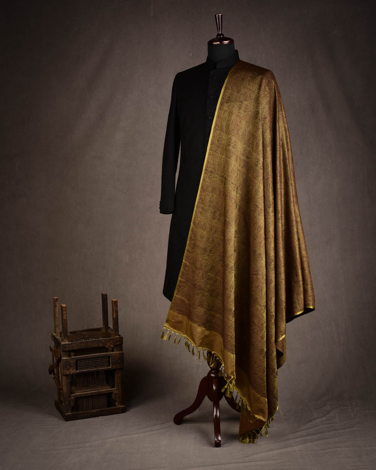 Brown & Green Damask Tanchoi Handwoven Silk Wool Banarasi Shawl-HolyWeaves